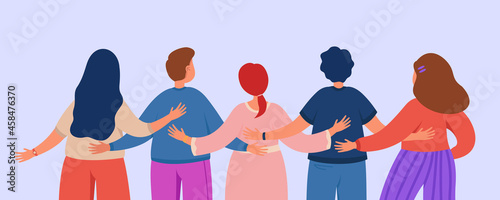 Backs of friends or team of colleagues hugging. Crowd of cartoon characters from behind flat vector illustration. Communication, community, diversity concept for banner, website design or landing page