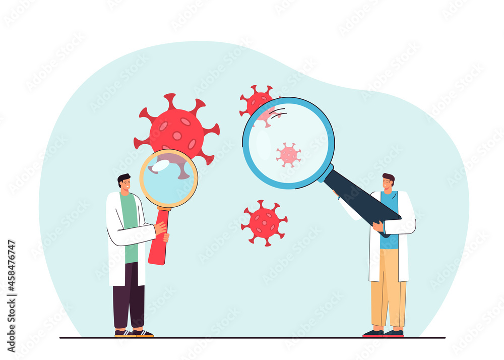 Doctors with huge magnifiers doing research on virus. Medical professionals studying coronavirus flat vector illustration. Medicine, health concept for banner, website design or landing web page Doctors with huge magnifiers doing research on virus. Medical professionals studying coronavirus flat vector illustration. Medicine, health concept for banner, website design or landing web page