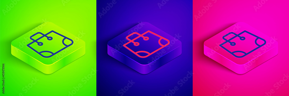 Isometric line Paper shopping bag icon isolated on green, blue and pink background. Package sign. Square button. Vector