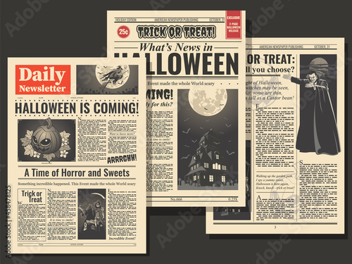 Halloween Postcard set Retro Newspaper Pages Stylization, Pumpkins, Dracula, Witch, Haunted Mansions 