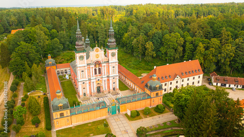 Fototapeta Naklejka Na Ścianę i Meble -  Aerial photo from drone to Swieta Lipka,Marian Sanctuary - Świętolipska basilica of the Visitation of the Blessed Virgin Mary - the village of Święta Lipka in Warmia and Mazury in Poland, Europe.