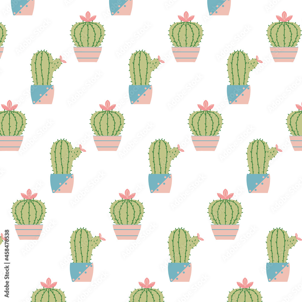 Hand-drawn seamless pattern with cactuses in pots. Pattern with blooming cacti. The pattern is suitable for wrapping paper, textiles, prints. Hand-drawn seamless pattern with cactuses in pots. Pattern with blooming cacti. The pattern is suitable for wrapping paper, textiles, prints.