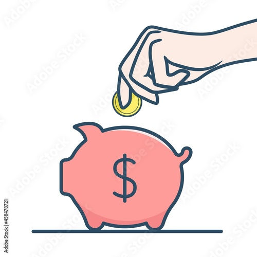 The hand puts a coin in a pig piggy bank. Investment concept. Flat illustration isolated on white background