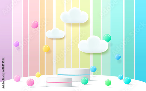 3d render podium with rianbow concept background for kids or baby product display.