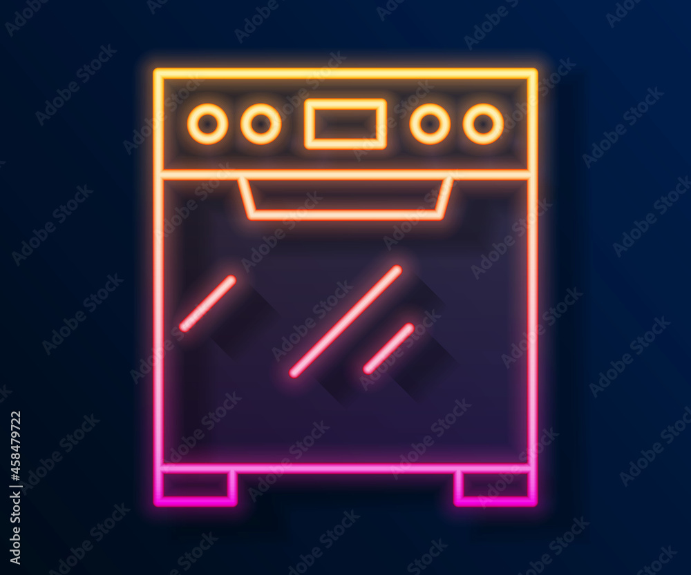 Glowing neon line Oven icon isolated on black background. Stove gas oven sign. Vector Glowing neon line Oven icon isolated on black background. Stove gas oven sign. Vector
