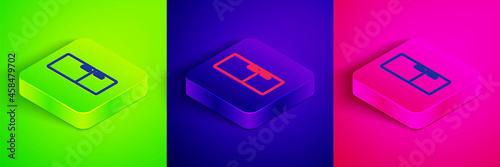 Isometric line Refrigerator icon isolated on green, blue and pink background. Fridge freezer refrigerator. Household tech and appliances. Square button. Vector