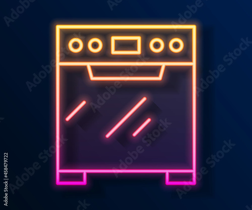 Glowing neon line Oven icon isolated on black background. Stove gas oven sign. Vector