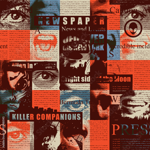 Colorful seamless pattern with a collage of newspaper and magazine clippings. Abstract vector background with unreadable text, illustrations and titles. Suitable for wallpaper, wrapping paper, fabric