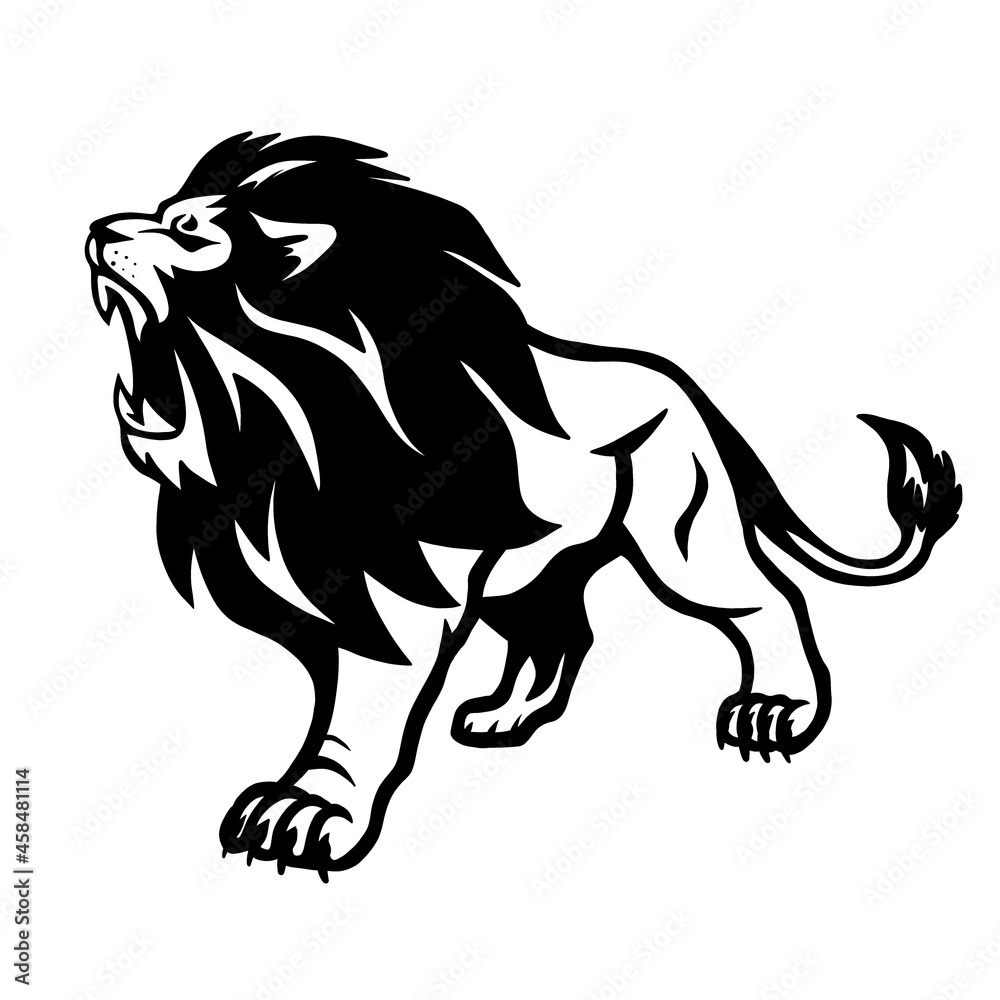 A lion with a bared mouth. The king of the jungle. A relative of the tiger, panther, leopard, cougar, cheetah and domestic cat
