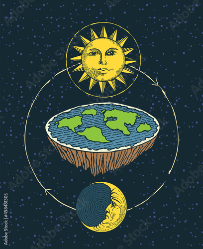 Decorative banner with flat Earth in space with sun and moon. Old Vision of Planet and solar system. Alternative theory of flat earth. Hand-drawn vector illustration in cartoon style.