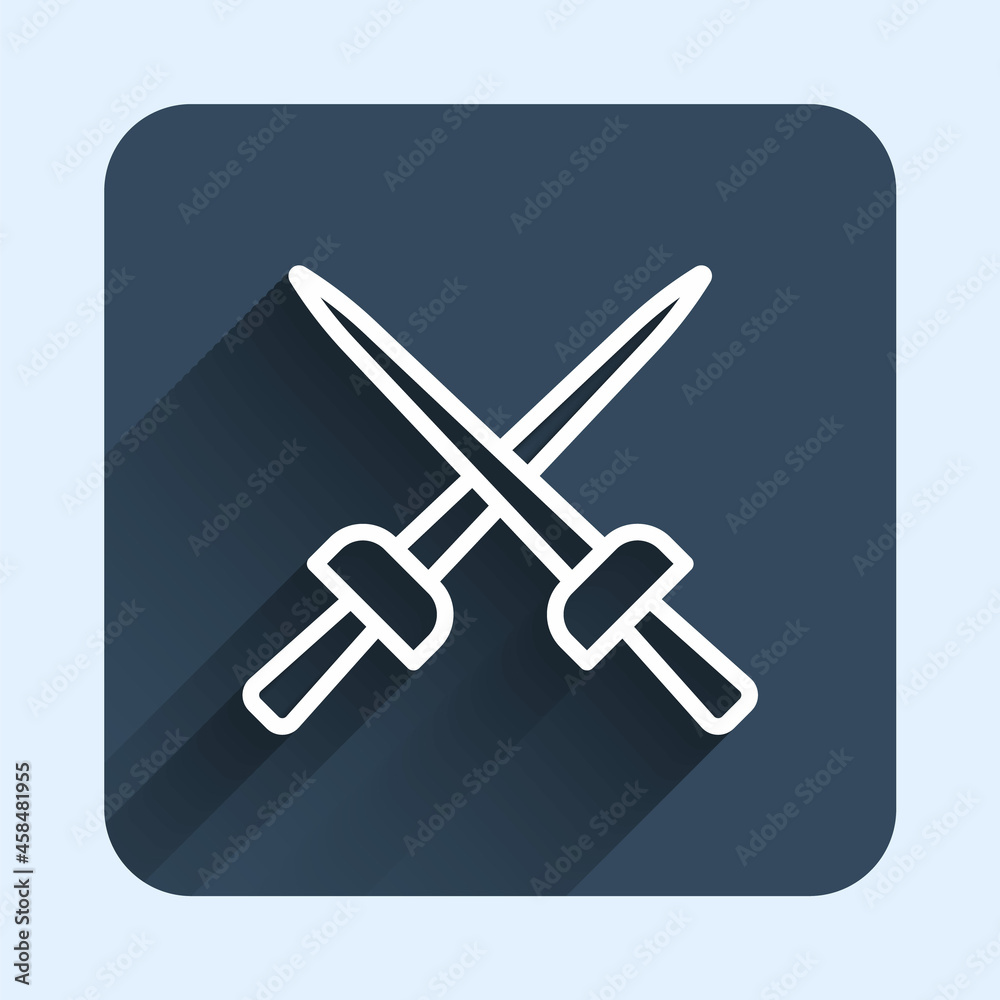 White line Fencing icon isolated with long shadow background. Sport equipment. Blue square button. Vector White line Fencing icon isolated with long shadow background. Sport equipment. Blue square button. Vector