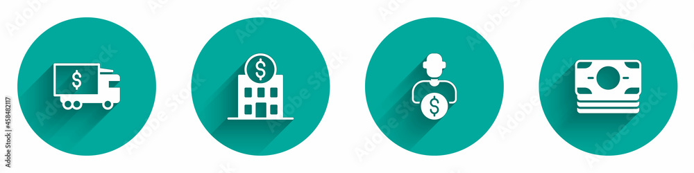 Set Armored truck, Bank building, Business investor and Stacks paper money cash icon with long shadow. Vector