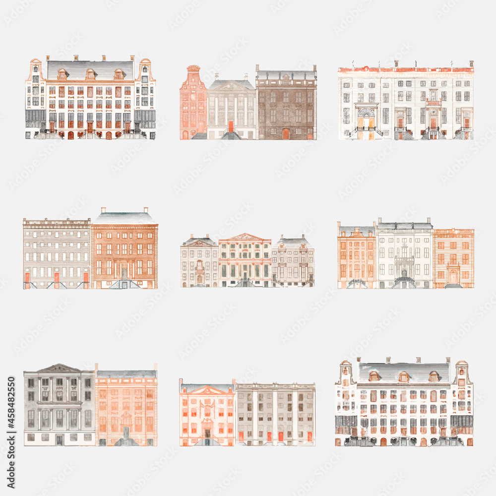 European old building vector hand drawn illustration set