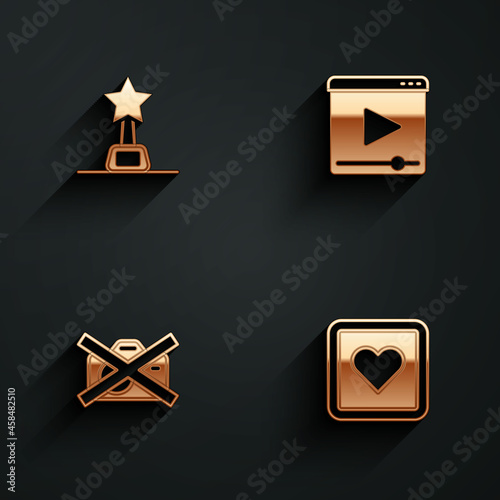 Set Movie trophy, Online play video, Prohibition no recording and Like heart icon with long shadow. Vector