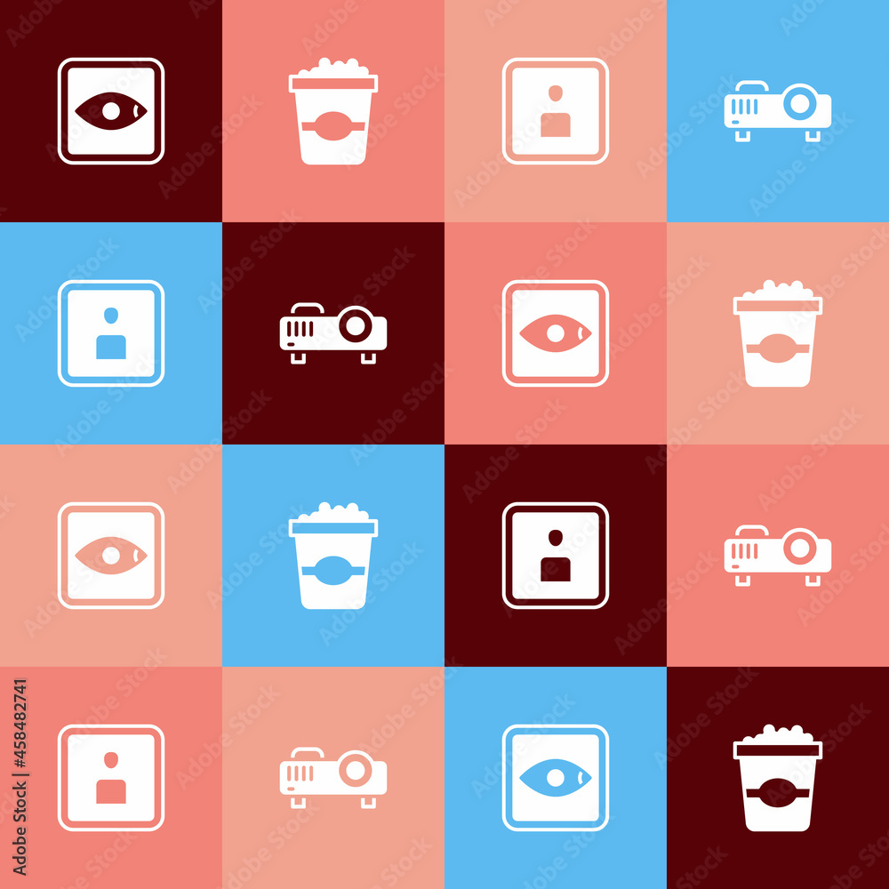 Set pop art Rating movie, Popcorn cardboard box, Play Video and Movie, film, media projector icon. Vector Set pop art Rating movie, Popcorn cardboard box, Play Video and Movie, film, media projector icon. Vector