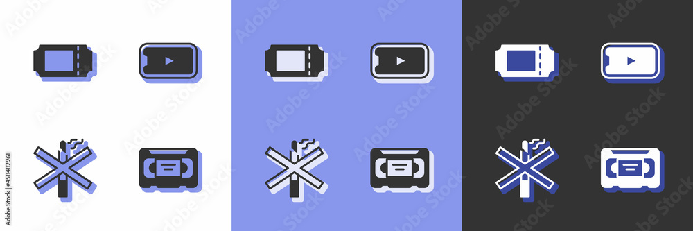 Set VHS video cassette tape, Cinema ticket, No smoking and Online play icon. Vector