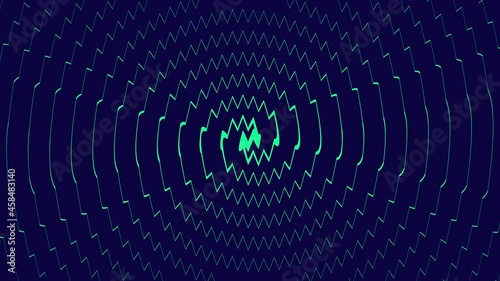 Screensaver in the form of constantly slowly moving broken, angular lines creating a zigzag circular pattern on a blue background