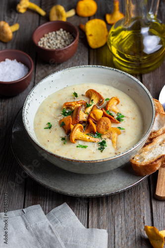 Cream soup with mushrooms chanterelles. Healthy eating. Vegetarian food.