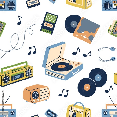 Retro music pattern. Seamless background with old cassettes, boomboxes, turntables, tape recorders and vinyls in 60s and 70s styles. Repeating texture for printing. Colored flat vector illustration