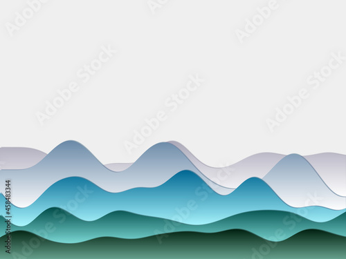 Abstract mountains background. Curved layers in purple blue green colors. Papercut style hills. Awesome vector illustration.