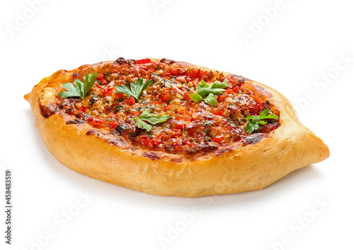 Tasty Turkish Pizza on white background