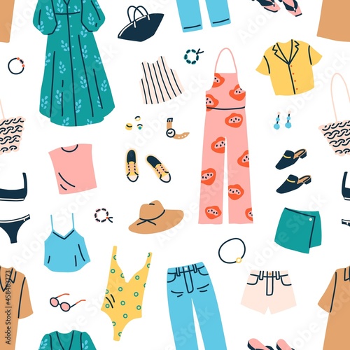 Fashion clothes and accessories pattern. Seamless repeating background with w...