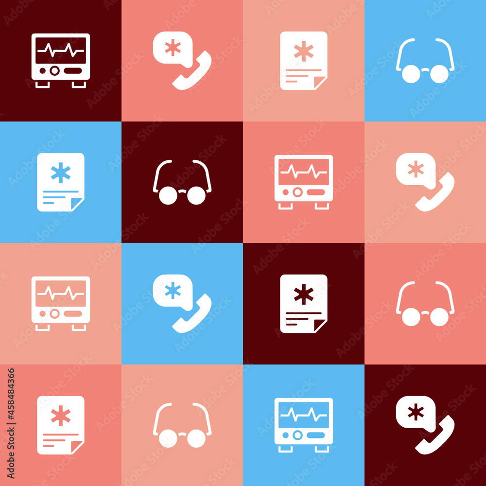 Set pop art Monitor with cardiogram, Emergency call 911, Patient record and Glasses icon. Vector Set pop art Monitor with cardiogram, Emergency call 911, Patient record and Glasses icon. Vector