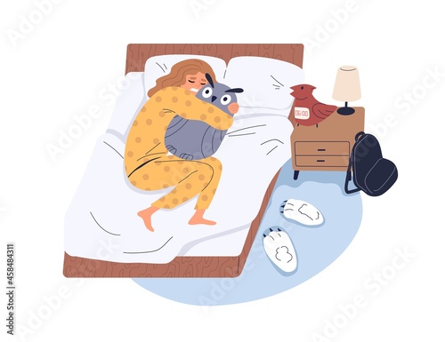 Sleepy child sleeping in bed while alarm clock ringing in early morning. Unhappy lazy school girl sleep and dont want to wake up. Hard wakeup concept. Flat vector illustration isolated on white