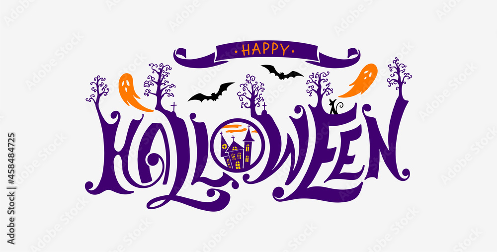 Happy Halloween vector lettering. Festive calligraphy for a banner, poster, greeting card, invitation to a party. Vector illustration. Happy Halloween vector lettering. Festive calligraphy for a banner, poster, greeting card, invitation to a party. Vector illustration.