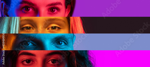 Collage of close-up male and female eyes isolated on colored backgorund with copy space for ads. Multicolored stripes. Concept of equality