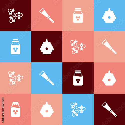 Set pop art Bees, Beekeeping knife, Jar of honey and Hive for bees icon. Vector