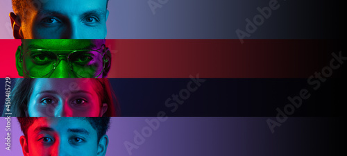 Collage of close-up male and female eyes isolated on colored backgorund with copy space for ads. Multicolored stripes. Concept of equality