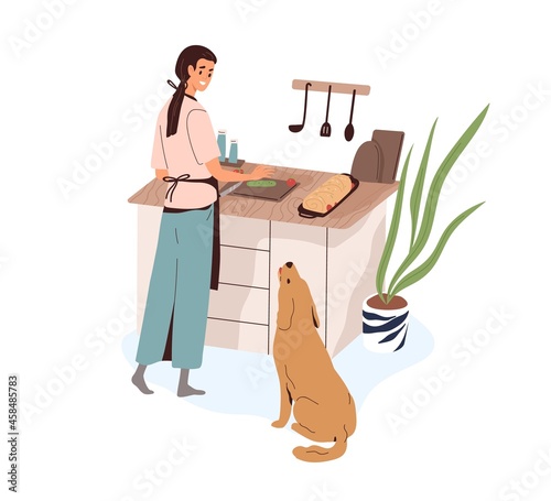 Woman cooking food for home dinner at kitchen. Happy person preparing meat dish. Female cook meal, dog looking and asking for sth. Housewife making meatloaf. Flat vector illustration isolated on white