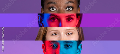 Collage of close-up male and female eyes isolated on colored backgorund with copy space for ads. Multicolored stripes. Concept of equality