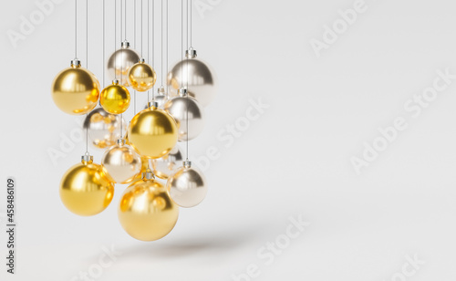 Gold and silver Christmas balls hanging with white background and space for text. 3d rendering