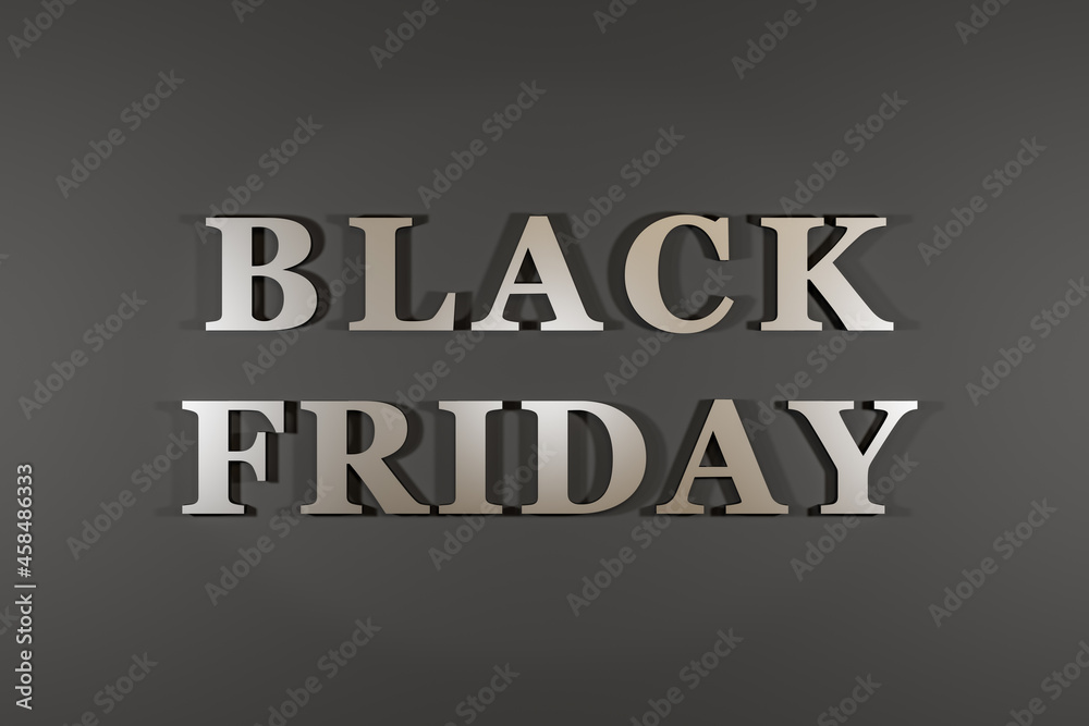 Black Friday - Shopping banner with the text black Friday in shiny metallic on a dark brown background. 3D illustration