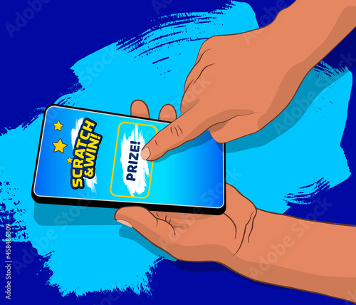 Hand picking up the mobile and with the other hand playing scratch cards on the screen.