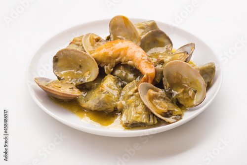 Clams with artichokes and shrimp typical food for Christmas time