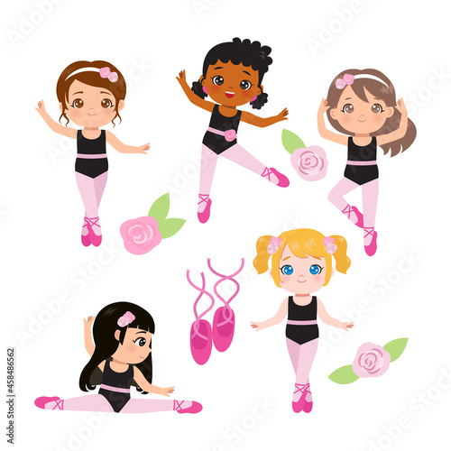 Cute ballerina girl in various pose set. Flat vector cartoon design