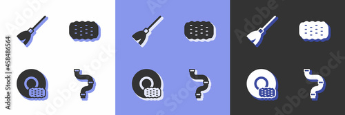 Set Industry metallic pipe, Handle broom, Washing dishes and Sponge icon. Vector