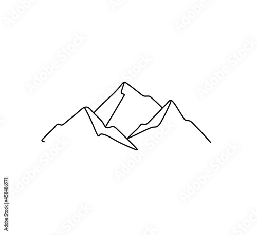 Vector isolated three mountain peaks contour black line drawing. Mountain peaks colorless black and white graphic tattoo, print, pattern, poster element