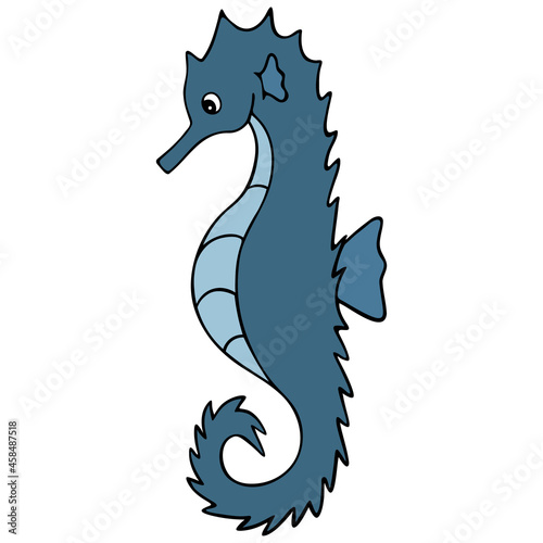 Sea Horse. Fish of the order of needle-shaped. Master of disguise. Colored vector illustration. Isolated white background. Ocean dweller. Cartoon style. The horse is blue. Idea for web design, sticker