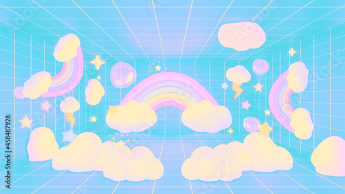 3d rendered kawaii rainbow clouds and stars grid room.