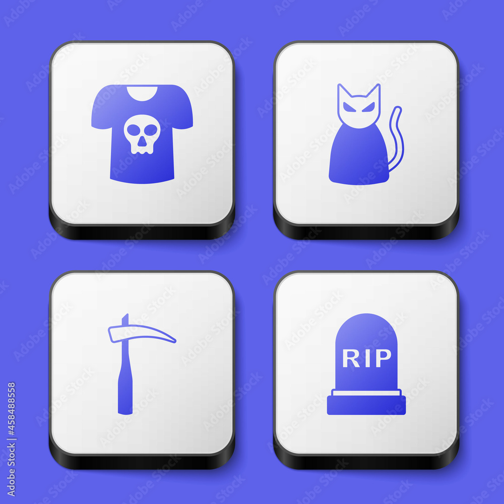Set Shirt with skull, Black cat, Scythe and Tombstone RIP written icon. White square button. Vector Set Shirt with skull, Black cat, Scythe and Tombstone RIP written icon. White square button. Vector