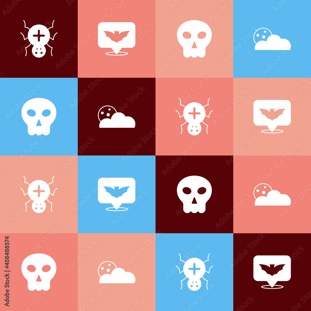 Set pop art Spider, Flying bat, Skull and Moon and stars icon. Vector Set pop art Spider, Flying bat, Skull and Moon and stars icon. Vector