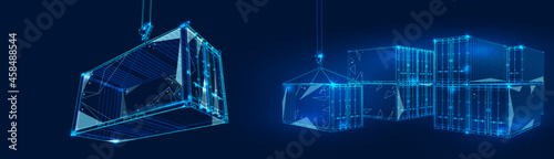 Polygonal 3d cargo container in dark blue background. Online cargo delivery service, logistics or tracking app concept. Abstract vector illustration of online freight delivery service