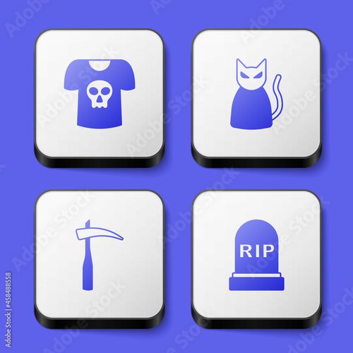 Set Shirt with skull  Black cat  Scythe and Tombstone RIP written icon. White square button. Vector