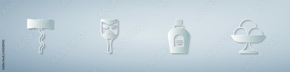 Set Wine corkscrew, Carnival mask, Perfume and Ice cream the bowl. Paper art style. Vector Set Wine corkscrew, Carnival mask, Perfume and Ice cream the bowl. Paper art style. Vector