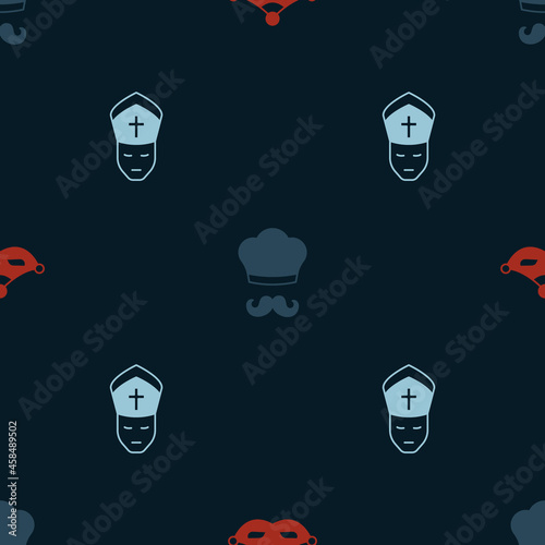 Set Carnival mask, Italian cook and Pope on seamless pattern. Vector