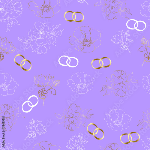 wedding floristic vector seamless pattern with flowers and rings. For wrapping paper  invitations and greetings